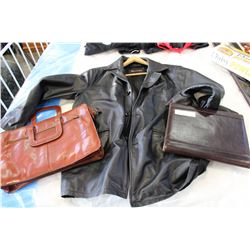 TWO LEATHER SATCHELS AND BOVINES MENS LEATHER XL JACKET