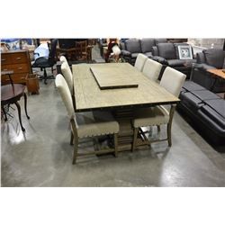 HOME ELEGANCE DINING TABLE WITH METAL BANDING AND 6 CHAIRS