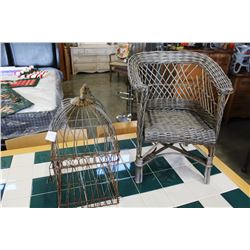 SMALL WICKER CHAIR AND BIRD CAGE