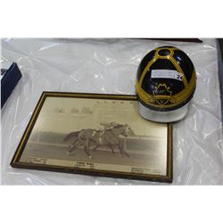 VINTAGE LOCAL RIDING HELMET AND 1947 RACING PHOTO AND EDWARD CHAPMAN RIDING HELMET