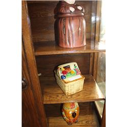 THREE NOVELTY CERAMIC COOKIE JARS BASKET MONK AND NATIVE