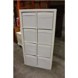 WHITE CUBICLE SHELF WITH FABRIC STORAGE BOXES
