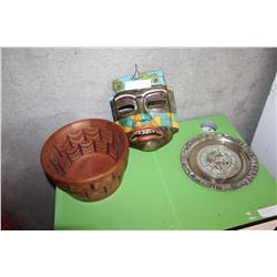 PAINTED TERRA COTTA MASK AND NATIVE PLATE AND HAND CRAFTED CHERRY WOOD BOWL SIGNED