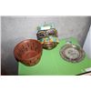 Image 1 : PAINTED TERRA COTTA MASK AND NATIVE PLATE AND HAND CRAFTED CHERRY WOOD BOWL SIGNED