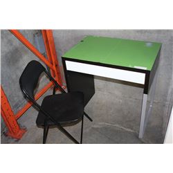 GREEN TOP ESPRESSO DESK AND FOLDING CHAIR