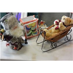 SANTA FIGURE, SLEIGH AND TWO CHRISTMAS VASES