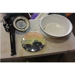 ENAMELED WASH BASIN MAGNIFYING DESK LAMP AND THERMOMETER
