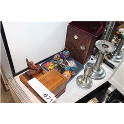 SWISS WATCH INLAID BOX MINIATURE TEAPOTS AND CIGARETTE BOX