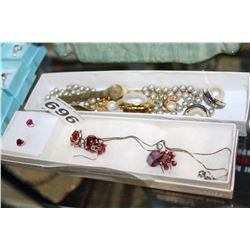 TRAY OF ESTATE PEARLS AND TRAY OF RED STONE EARRINGS AND PENDANT