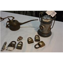 RAILWAY LANTERN AND OILER AND WHISTLE AND ANTIQUE LOCK WITH KEY AND OTHER LOCKS