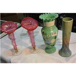 HAND PAINTED BRISTOL GLASS VASE AND POTTERY VASE AND TWO RUBY GLASS VASES