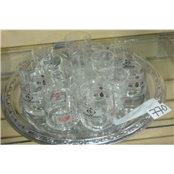SILVER PLATE TRAY WITH MID CENTURY MODERN LIQUOR GLASSES