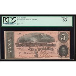 1864 $5 Confederate States of America Note PCGS 63