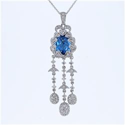 14KT White Gold 4.90ct Blue Topaz and Diamond Pendant with Chain