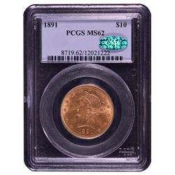 1891 $10 Liberty Head Eagle Gold Coin PCGS MS62 CAC