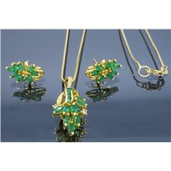 14KT Yellow Gold Emerald and Diamond Earrings and Pendant with Chain