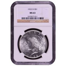 1922-D $1 Peace Silver Dollar Coin NGC MS63