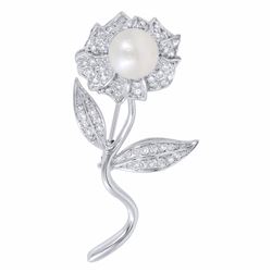 14KT White Gold Pearl and Diamond Brooch