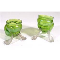 Pair of green iridecsent glass shell vases…