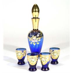 Blue glass and gold printed decanter and f…