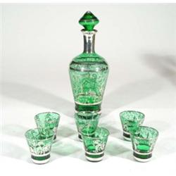 Green glass and silver flashed decanter an…