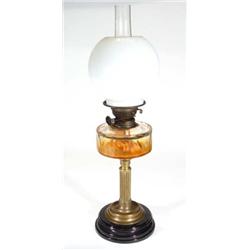 Brass pedestal oil lamp with cut glass res…