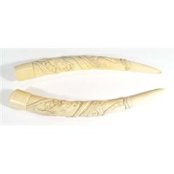 Two Zambian ivory tusks carved in relif wi…