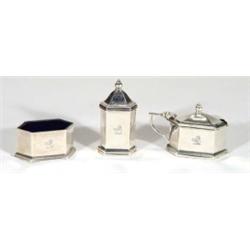 Three piece hexagonal silver condiment set…