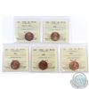 1-cents 1920 Small, 1929, 1932, 1933, 1936 ICCS Certified MS-64 Red. 5pcs.