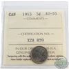 5-cent 1915 ICCS Certified AU-55. Nice blue/green toning throughout coin.