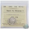 Image 1 : 10-cent 1892 Small 9 Obverse 5 ICCS Certified MS-62. Bright coin with lustrous fields throughout.