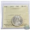 25-cent 1911 ICCS Certified MS-63. Blast white coin.