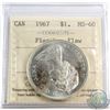 Image 1 : Planchet Flaw Error Silver $1 1967 Canada ICCS Certified MS-60. Spectacular half moon struck through