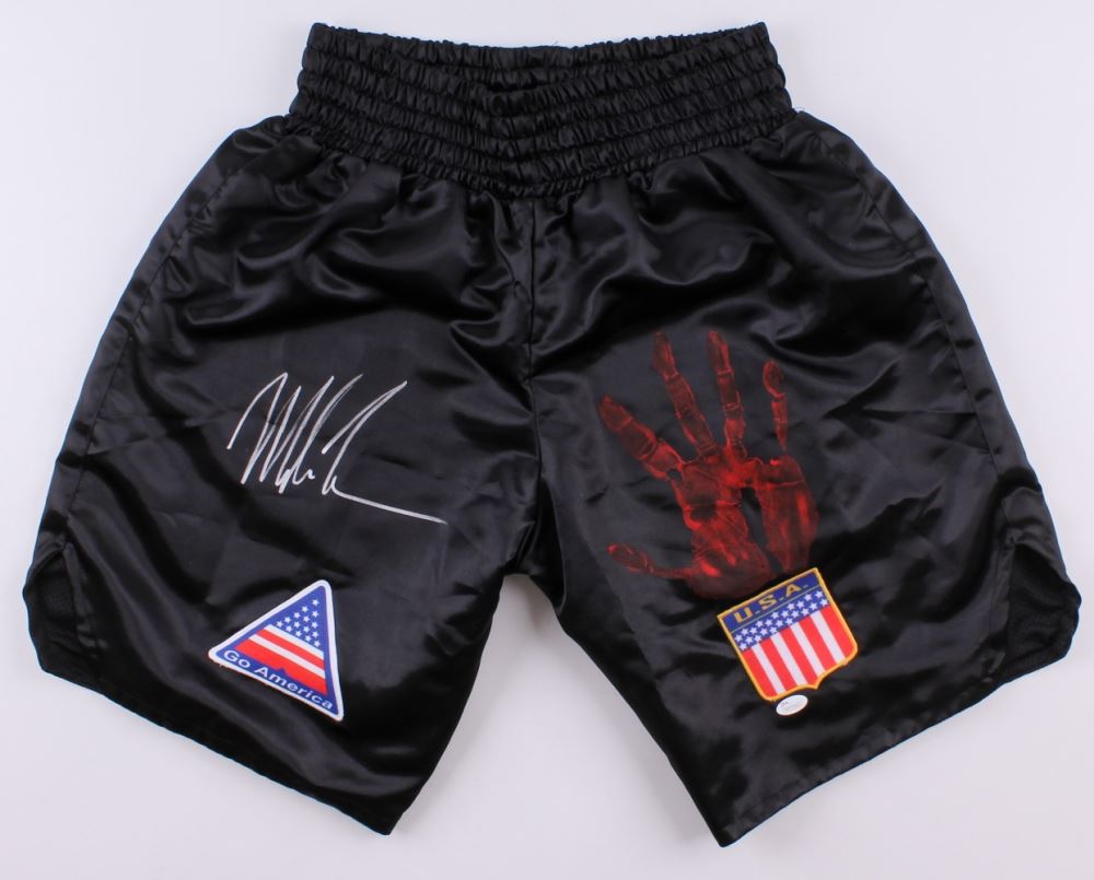 Mike Tyson Signed Custom "USA" Boxing Shorts with Original Handprint