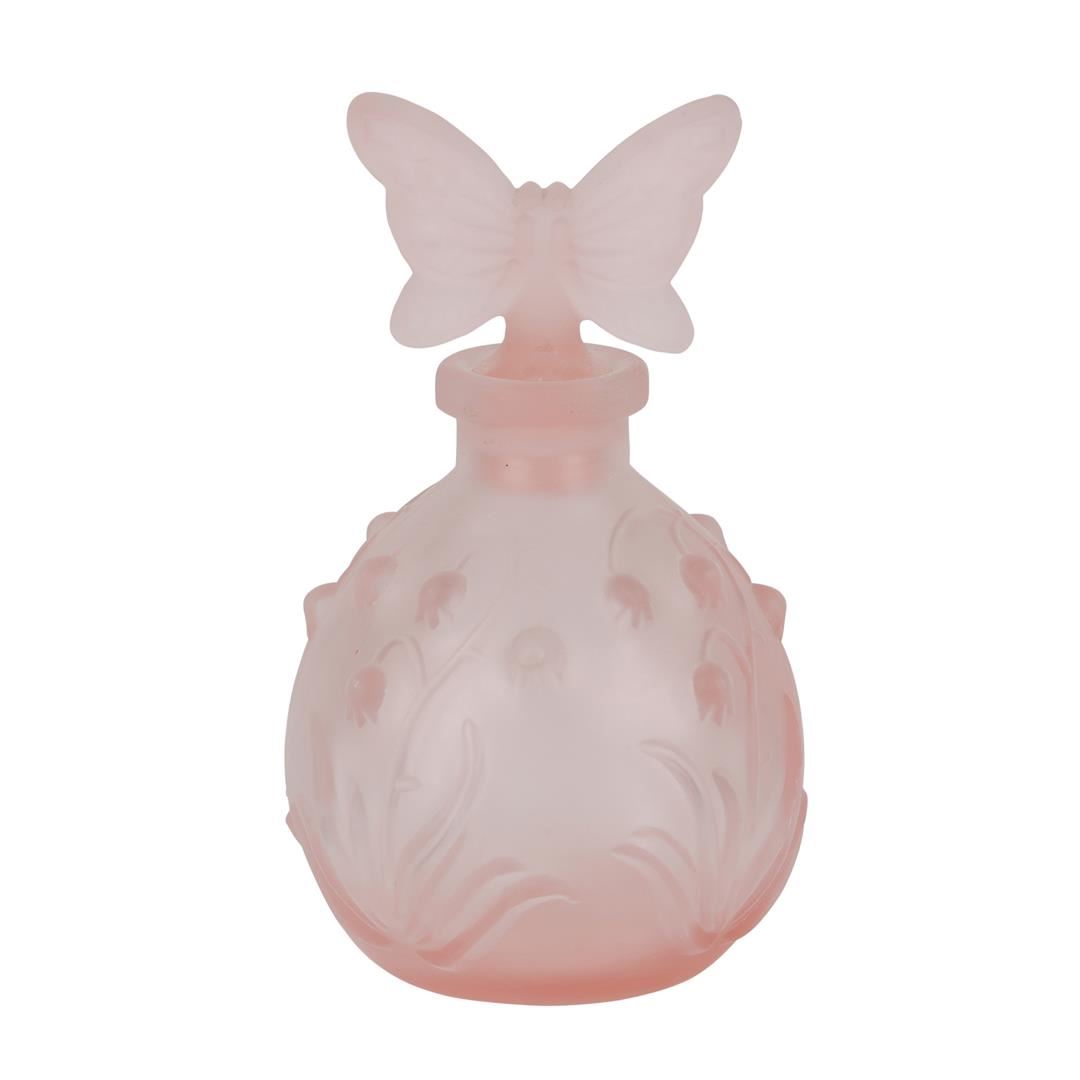 Satin Frosted Pink Glass Perfume Bottle Butterfly and Lily of the