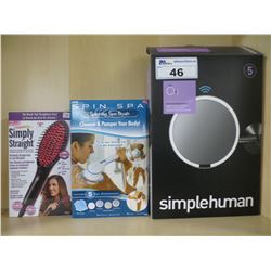 SIMPLEHUMAN WALLMOUNT SENSOR MIRROR/SIMPLY STRAIGHT CERAMIC STRAIGHTENING BRUSH/SPIN SPA BRUSH