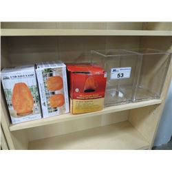 2 GLASS VASES/3 CRYSTAL SALT LAMPS