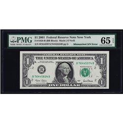 2001 $1 Federal Reserve Note Mismatched Serial Number ERROR PMG Gem Unc. 65EPQ