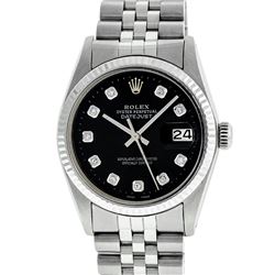 Rolex Mens 36mm Stainless Steel Black Diamond Datejust Wristwatch