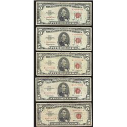 Lot of (5) 1963 $5 Legal Tender Notes