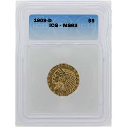 1909-D $5 Indian Head Half Eagle Gold Coin ICG MS63