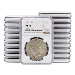 Lot of (20) 1922 $1 Peace Silver Dollar Coin NGC MS64