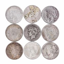 Lot of (9) $1 Peace Silver Dollar Coins