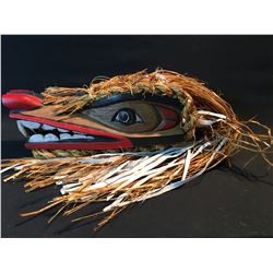 JOHN JOHNSTON, HAND CARVED AND PAINTED WOLF MASK, TAKAYA CLAN, WITH CEDAR BARK, LEATHER AND