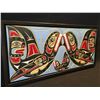 Image 2 : LAWRENCE SCOW, HAND CARVED AND PAINTED KILLER WHALE AND MAN DESIGN PANEL, FRAMED, SIGNED ON BACK BY