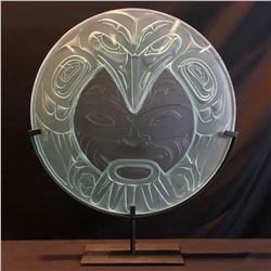 JOHN NUTTER, EAGLE TRANSFORMATION DESIGN, ETCHED ROUND GLASS PANEL ON METAL BASE, 20'' WIDE