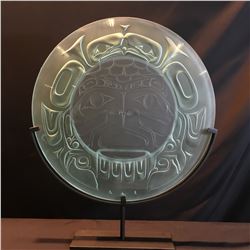 JOHN NUTTER, "BIRTH OF THE TSIMSHIAN NATION" ETCHED ROUND GLASS PANEL ON METAL BASE,  DESIGN BY