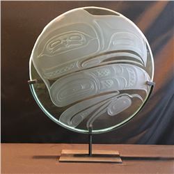 JOHN NUTTER, RAVEN TRANSFORMATION DESIGN, ETCHED ROUND GLASS PANEL ON METAL BASE, 20'' WIDE