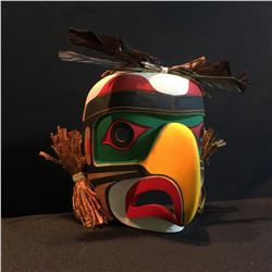 GENE BRABANT, "KWAG-UITLH EAGLE" HAND CARVED AND PAINTED MASK WITH FEATHER AND CEDAR BARK ACCENTS,