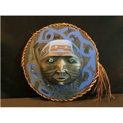 HAND CARVED AND PAINTED KINGFISHER MOON MASK, BY NUU CHAH NULTH ARTIST PATRICK AMOS, WITH WOVEN